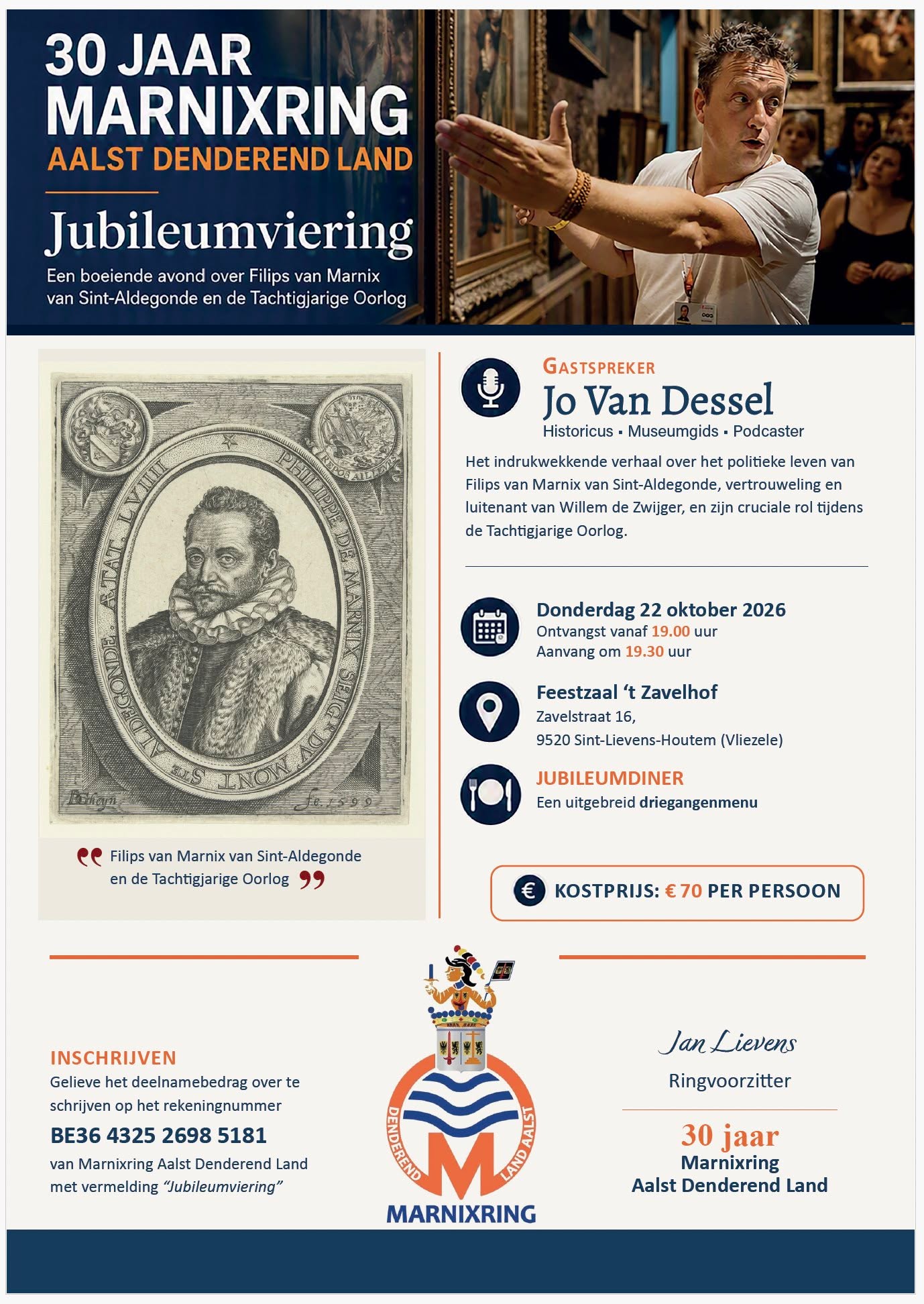 Marnixring Aalst Denderend Land viert 30-jarig jubileum met feestelijk diner en lezing