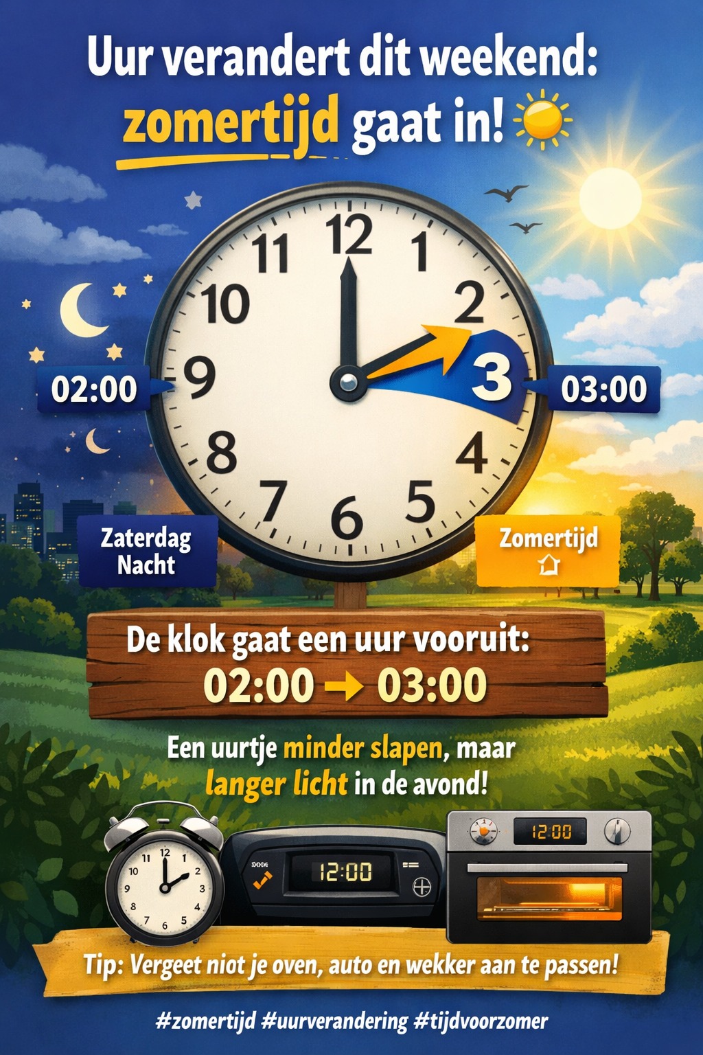 ⏰ Uur verandert dit weekend: zomertijd gaat in! ☀️