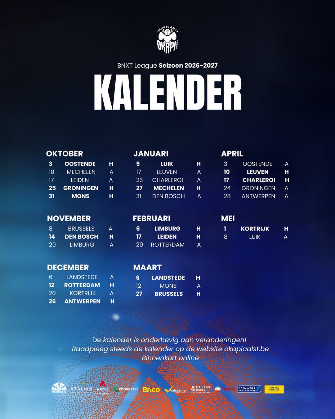 🏀 Okapi Aalst maakt kalender voor nieuw seizoen bekend: topper tegen Oostende opent competitie 💙🤍