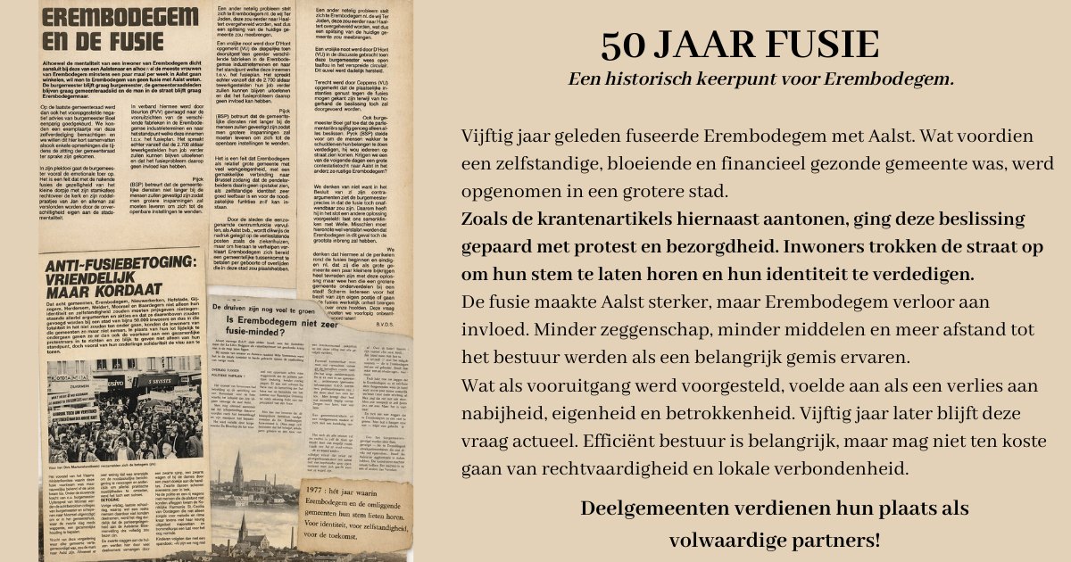 Burgerplatform Erembodegem word(t) wakker!: “50 jaar na de fusie met Aalst is het tijd voor een balans. De dienstverlening werd professioneler, maar ook afstandelijker: voor alles moeten we naar Aalst. Maar wat vooral ontbreekt is inspraak. Beslissingen …