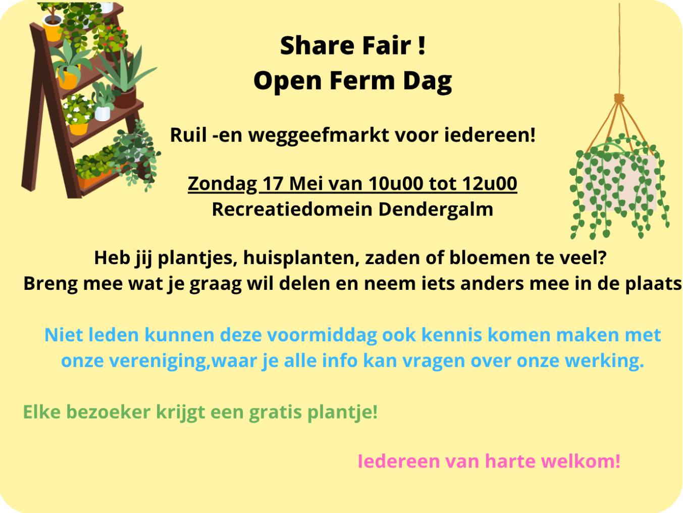 🌿🌸 Zin in een gezellige en groene voormiddag? Kom dan op zondag 17 mei naar de Share Fair Open Ferm Dag op recreatiedomein Dendergalm! 🌸🌿