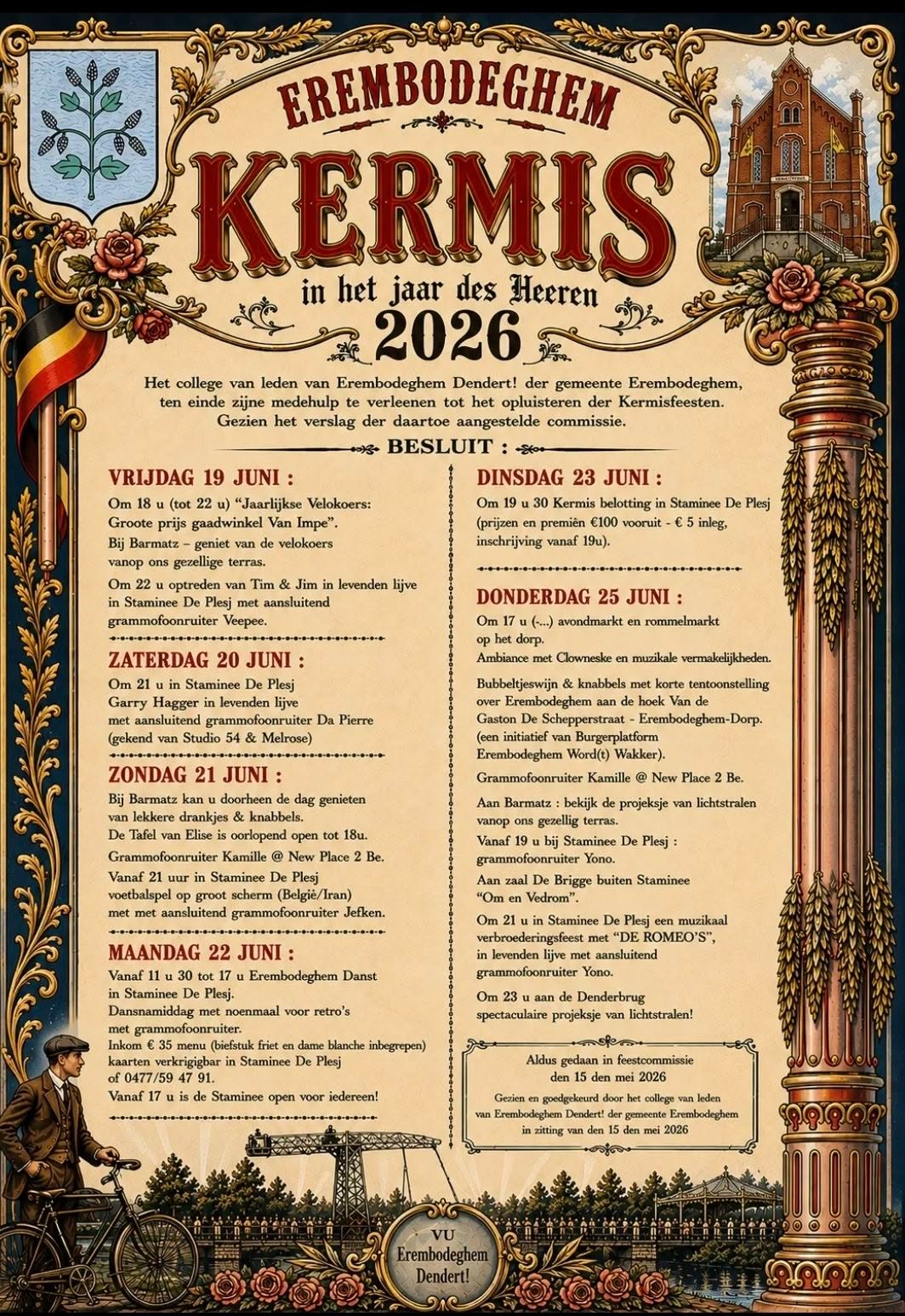 🎡 Erembodegem maakt zich op voor een week vol sfeer, muziek en nostalgie tijdens de jaarlijkse kermisfeesten. Van wielerkoers en avondmarkt tot optredens van 🇧🇪 Garry Hagger en De Romeo's: het dorp bruist van vrijdag 19 tot donderdag 25 juni. 🎶🍻