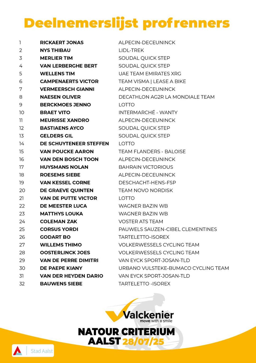 Het Valckenier Natour Criterium Aalst kleurt dit jaar Belgisch, met een indrukwekkend peloton met onder andere Tourrenners van eigen bodem en streekrenners! De profrenners gaan van start om 19.00 uur. Mis het niet, want op maandag 28 juli staat Aalst hel…